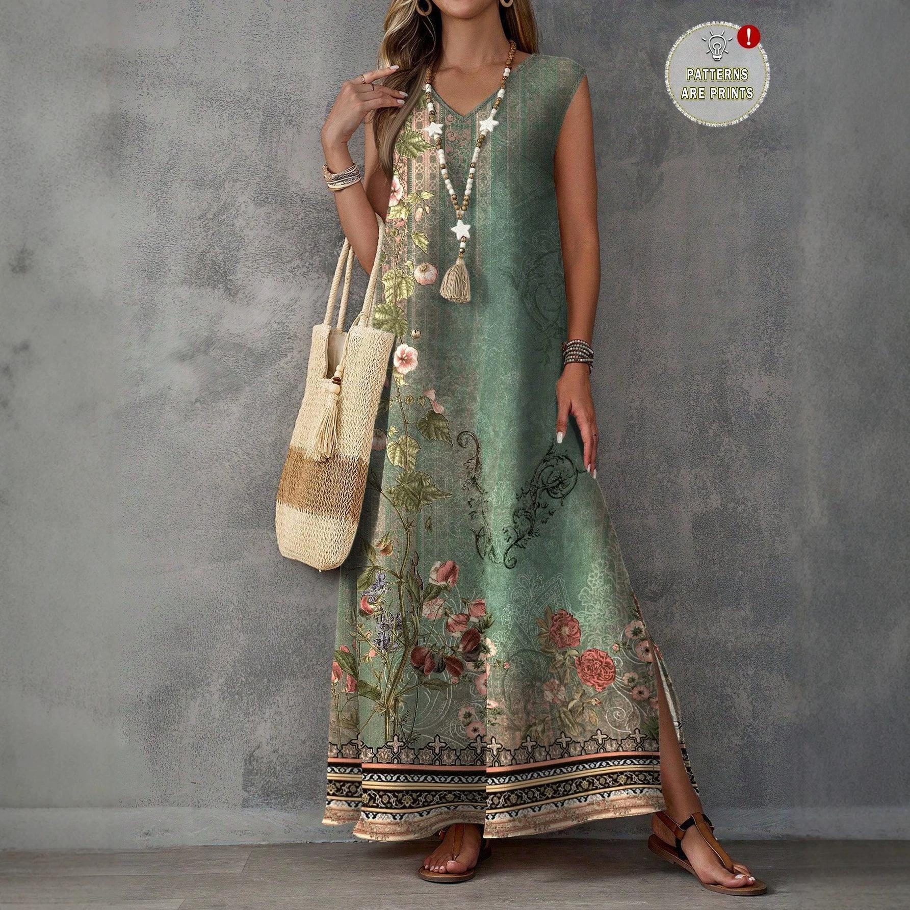 Bohemian green retro floral print sleeveless V-neck split long dress vacation casual A-word dress 0XL