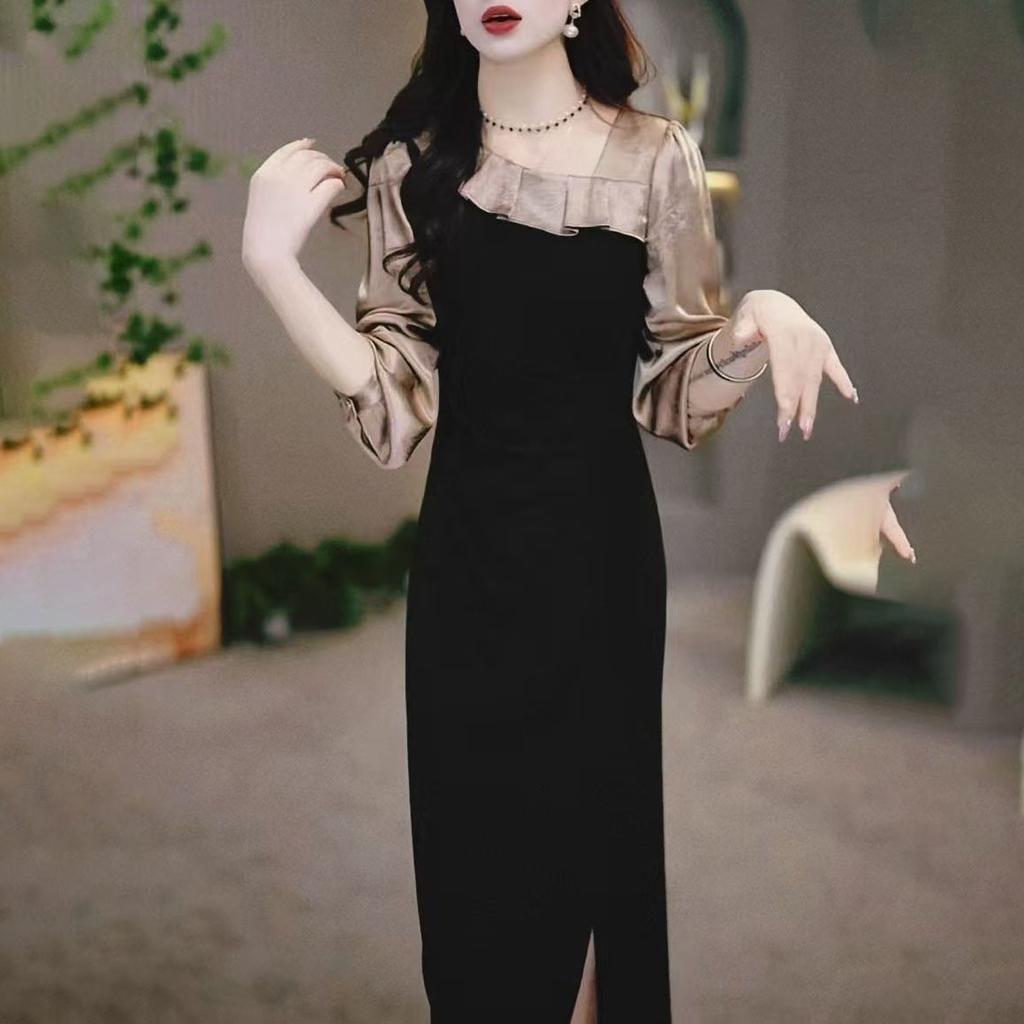 Patchwork Design Sense Dress Women's Spring Autumn High-End Temperament Split Waist-Cinching Black Skirt