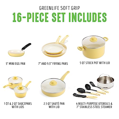 GreenLife 16-Piece Nonstick Cookware Set, Soft Grip, Non-Toxic, PAS-Free, Ceramic Pots and Pans, Dishwasher and Oven Safe, Frying, Saut?ing, and Cookw