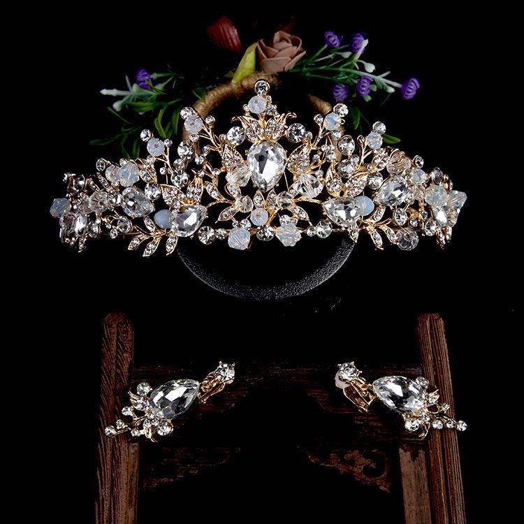 Bridal Tiara Gold Crown Wedding Dress Accessories Earrings Hair Accessories Set Pink Crystal Crown