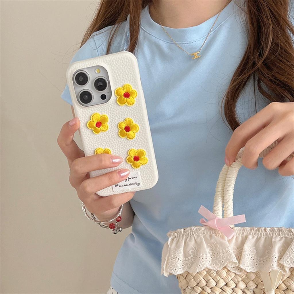 iPhone White Lychee Pattern Embroidered Flower Phone Case for Girls Phone Accessories for iPhone 11 12 13 14 15 Pro Max
