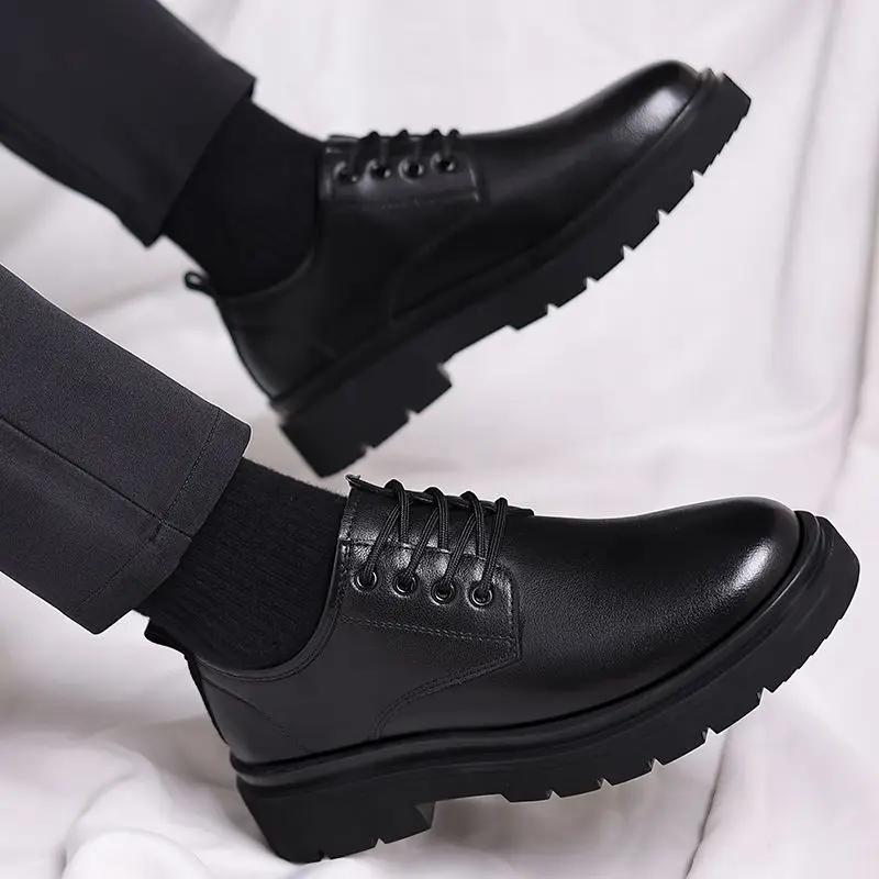 Fashion Leather Shoes for Men Black Thick Sole Platform Round Toe Shipping Free Classic Man Casual Shoe Original Comfortable 2024 Trend