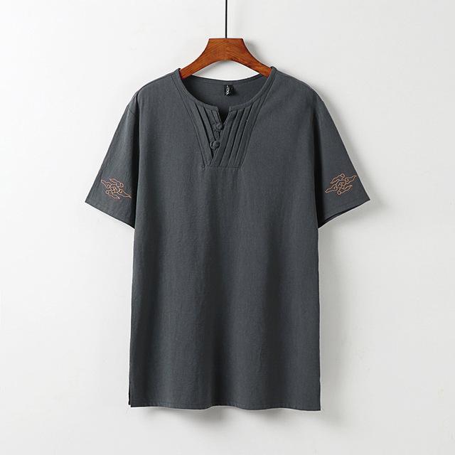Men's Large Size Clothing T Shirts Linen Chinese Style Summer V-neck Big Short Sleeve T-shirt Male Tee Tops Plus