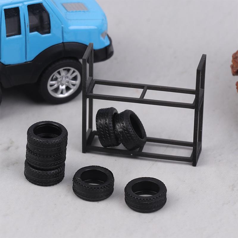 1:64 Scale Tire Rack Display Holder & 7Pcs Tires, Model Car Garage Scene Accessory, Repair Shop Tool Set, Miniature Prop