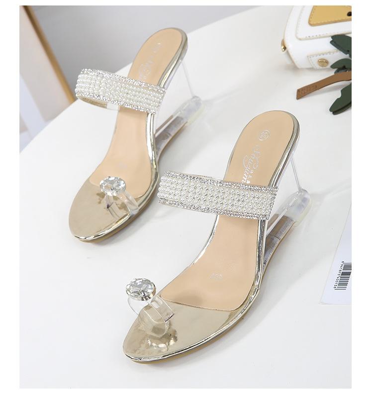 2023 Pearl Slope Heel New Sexy Crystal Transparent High Heels Glass Rhinestone Slope Heel Sandals Female LFD