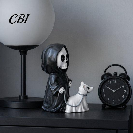 Cute Spooky Halloween Gift Grim Reaper & Ghostly Puppy Resin Figurine, Black Robed Skeleton with Ornament Ghost Dog Statue, Dark Gothic Decor for Desk