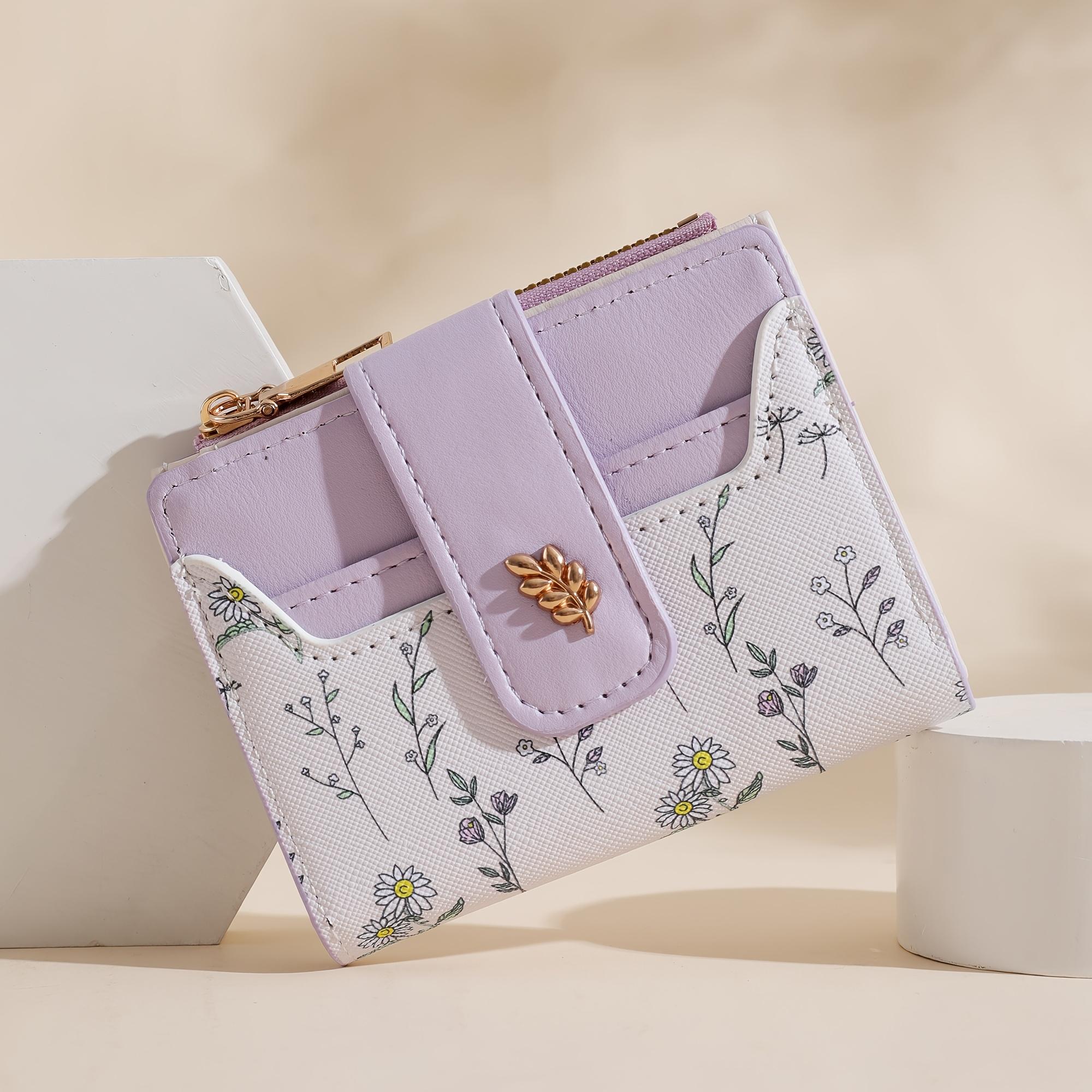 

Cute Fashion Women’s Wrist Clutch Wallet, Golden Floral Embossed PU Leather Bi-fold with Snap, Coin Purse & Keyring фіолетовий