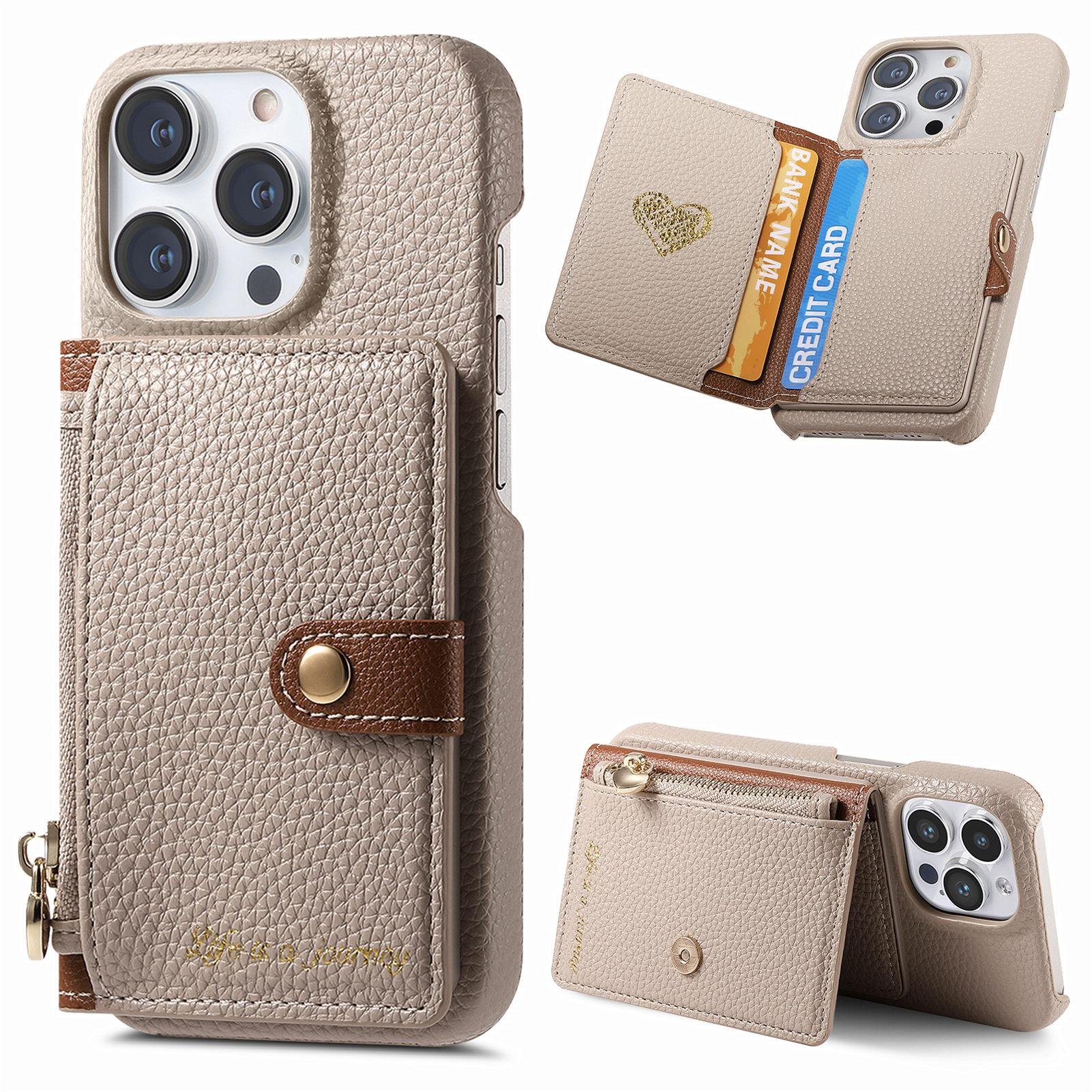 

Y4 For iPhone 16 Pro Case Zipper Pocket Leather+TPU Phone Cover Card Holder Kickstand Khaki