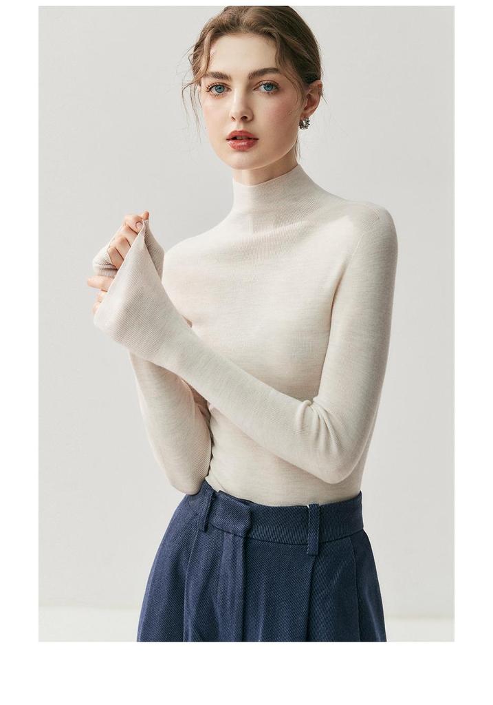 Women's High Neck Slim Fit Ribbed Knit Top - Imitation Wool, Figure-Flattering, Versatile, Classic