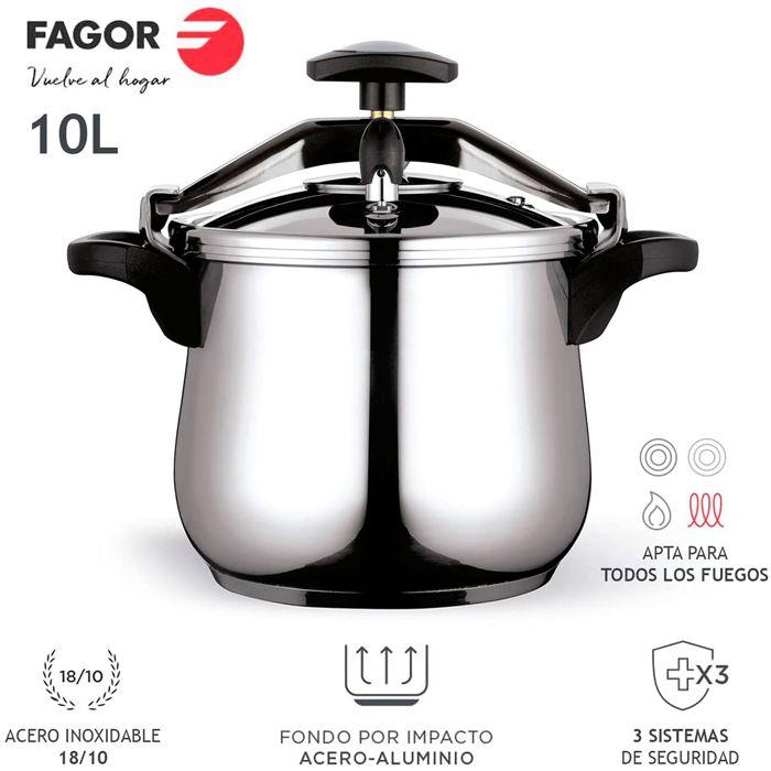 10 L Stirrup Pressure Cooker, Induction, Stainless Steel. 18/10, 3 FAGOR Classic Security Systems Bombe 10 Silver 800123