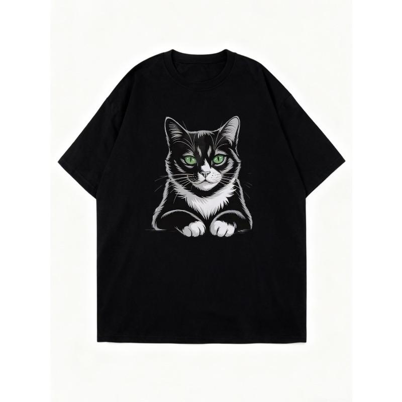 Oversized T Shirt Black Cat Print For Casual Wear