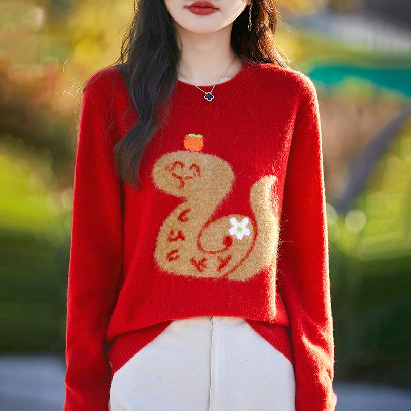 

Женский жаккардовый шерстяной свитер «Год Змеи»: Красный, Повседневный, Молодящий, Круглый вырез, Теплый, Новогодний топ Extra Large