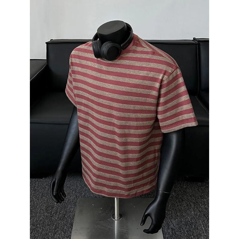 Men's Black Grey Striped T-shirt Crew Neck Short Sleeve Casual Loose Fit Tee For Daily Streetwear