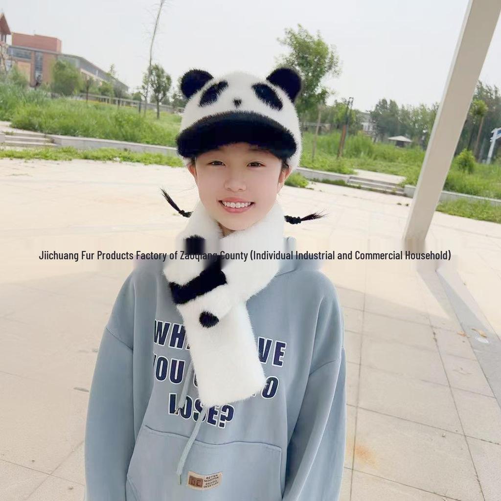 Cozy Panda-Style Faux Mink Fur Hat with Ear Protection and Scarf for Autumn/Winter