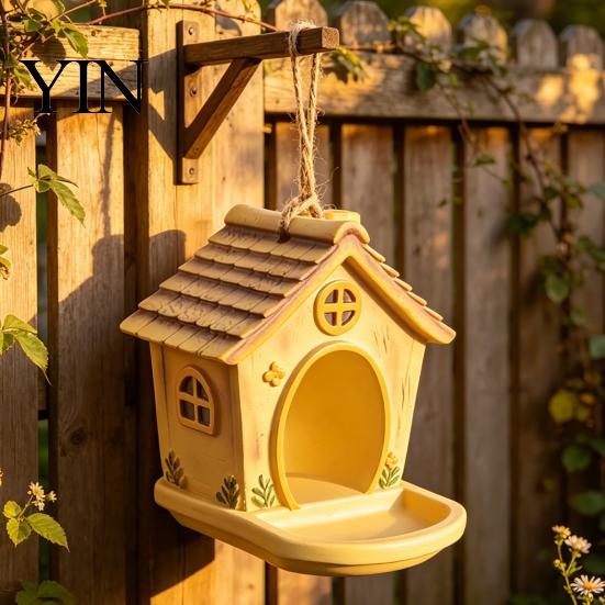 Weather Resistant Bird House Shape Hanging Feeder for Outdoor Garden Decor, Weatherproof Resin Wild Backyard Watching Supplies with Large Capacity