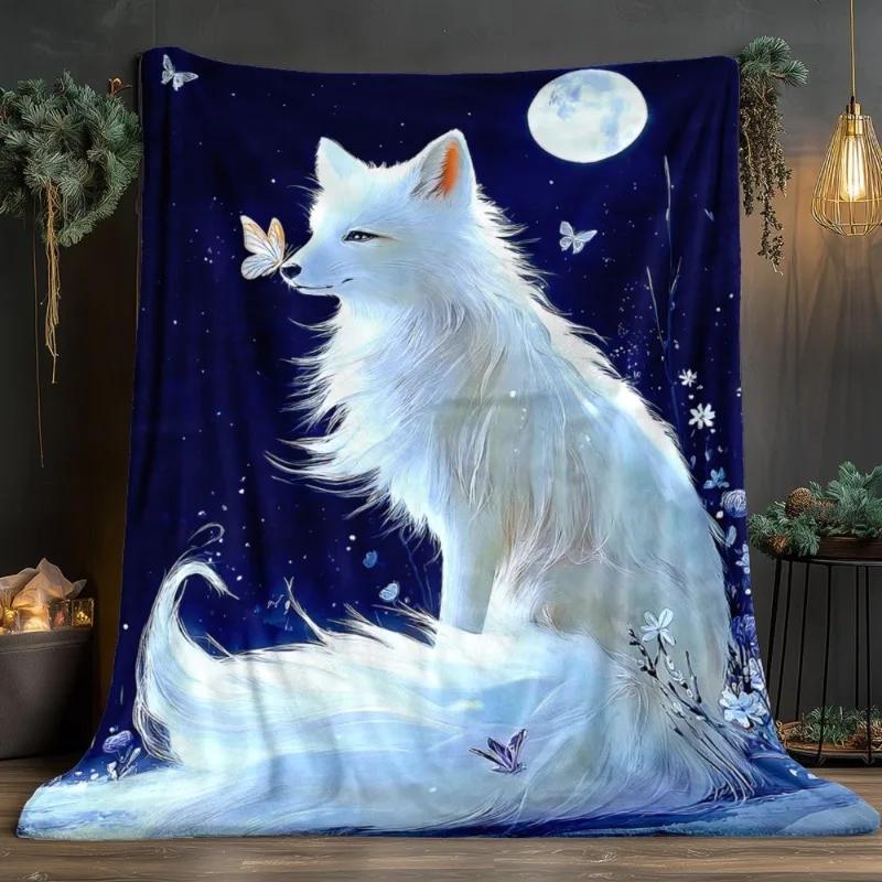 

White Fox Night Sky Pattern Flannel printed blanket suitable for all seasons suitable for living room office sofa and travel 75x100cm (30x40inch)
