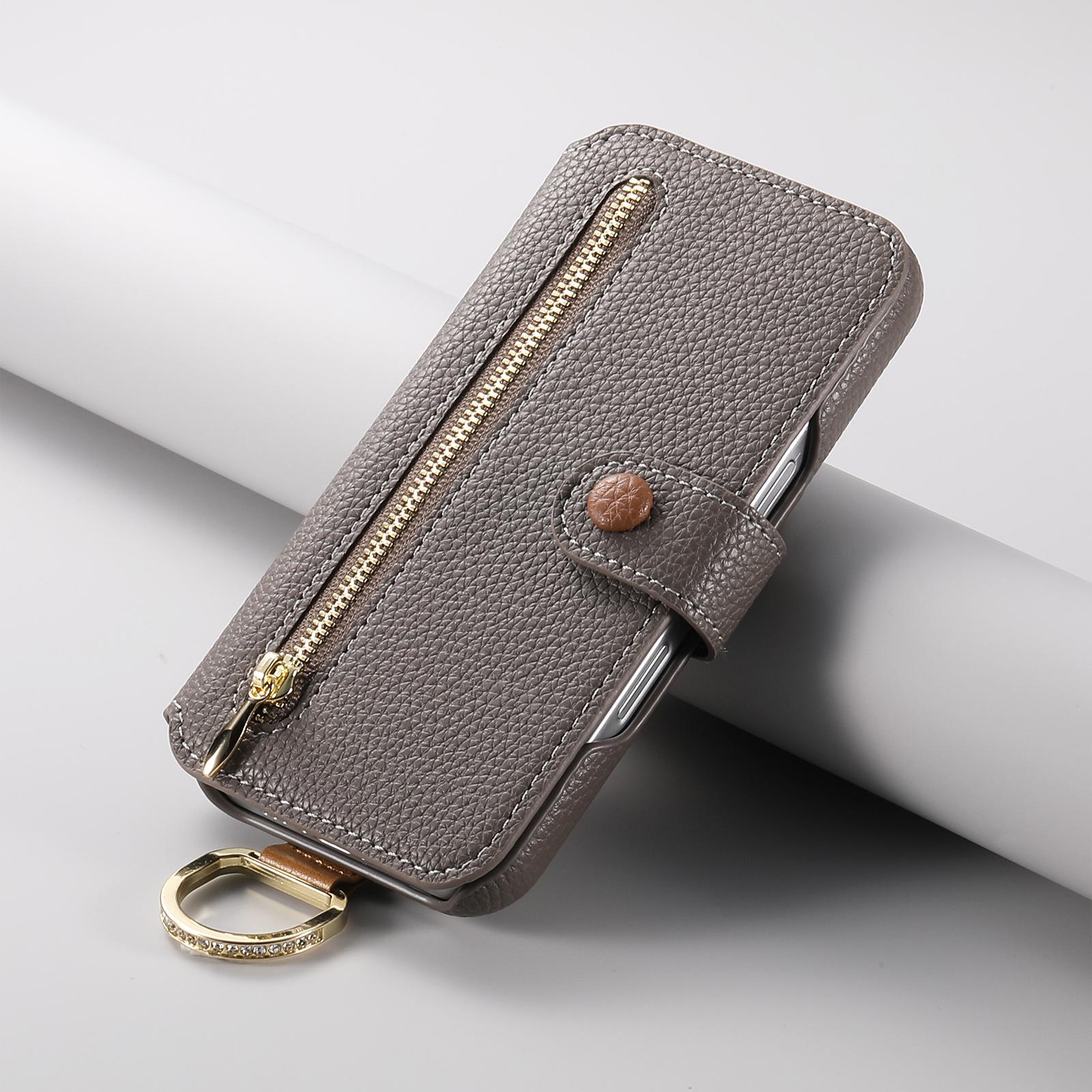 Lychee Leather iPhone 17 Pro Case with Card Slot & Wrist Strap iPhone 15 Pro