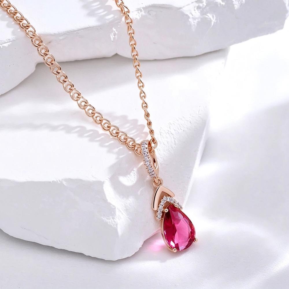 Elegant Rose Gold Color Teardrop Red Zircon Pendant Necklace for Women Daily Party Wedding Jewelry Gift