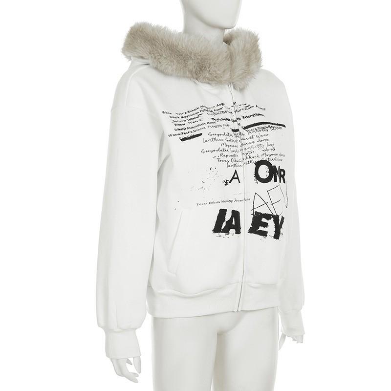 Vintage Streetwear Hoodie With Distressed Print Faux Fur Trim Unisex Oversized Dark Style