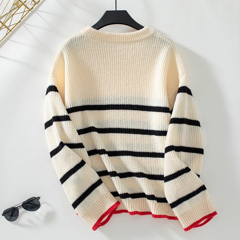 Herbst Winter Vintage Lose Langarm Top Streifen Pullover Strickwaren Oansatz Pullover