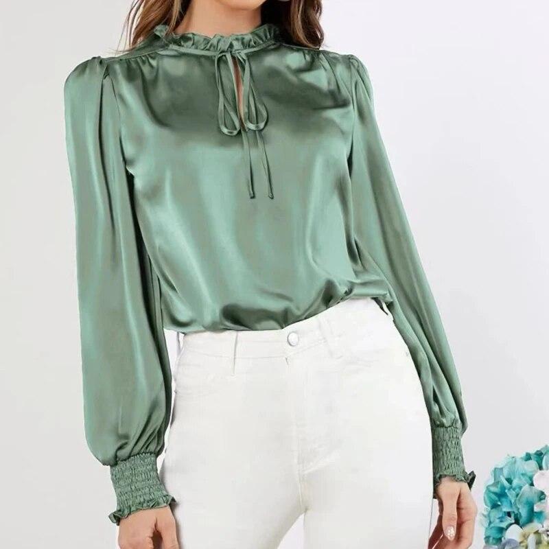 Elegante Satinbluse für Damen, Bürodame, solide Schnür-Langarm-Seidenhemden, Sommer-Rüschenausschnitt, grüne Blusen, Tops, Blusas 23346