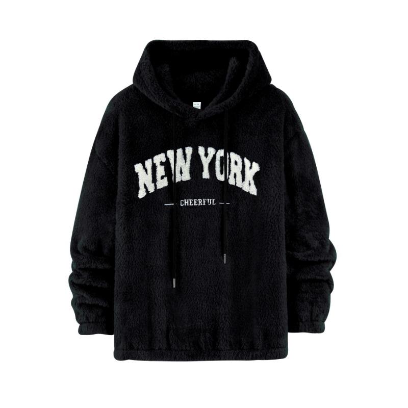 Men's sweater European version of lamb wool loose letter embroidery pocket hooded jacket