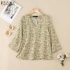 ZANZEA Women Casual V-Neck Loose 3/4 Sleeve Floral Blouse