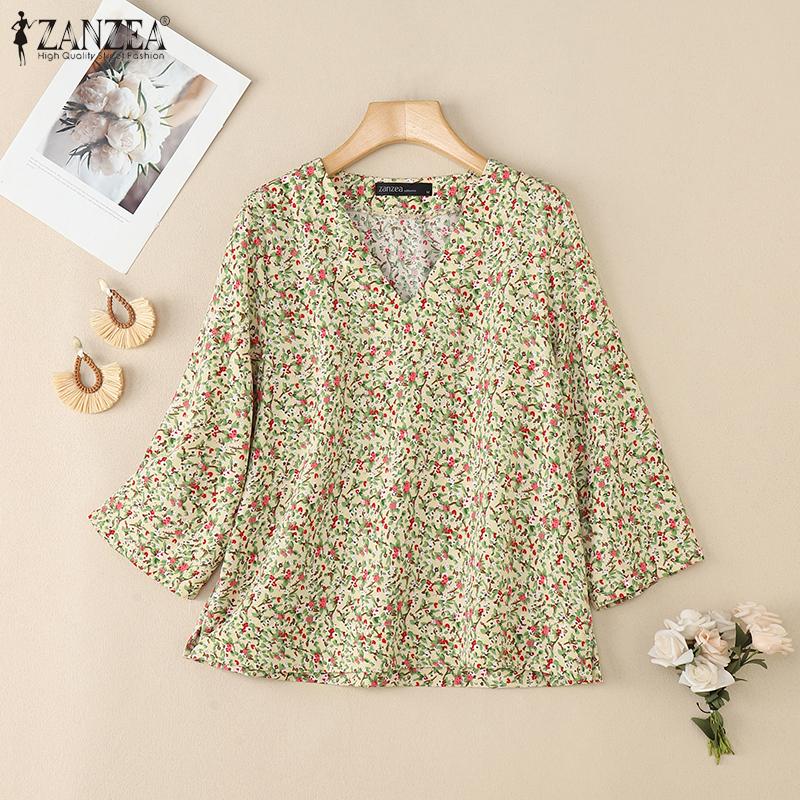 ZANZEA Women Casual V-Neck Loose 3/4 Sleeve Floral Blouse
