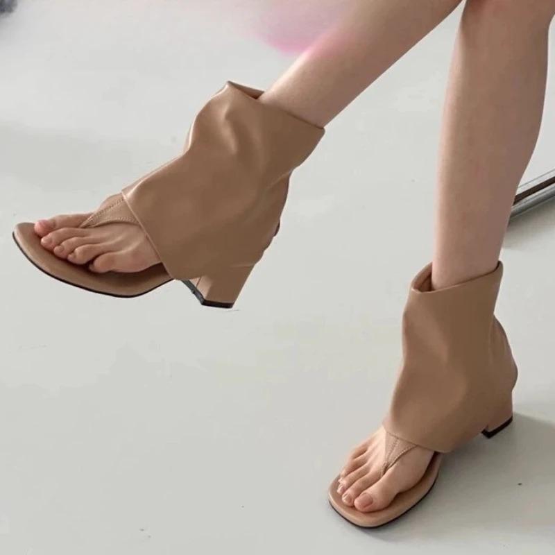 Fashion Women's Shoes 2024 Hot Sale Summer Slip on Women's Sandals Square Toe Solid Cover Heel Open Toe Chunky Heels Roman Thong Sandals