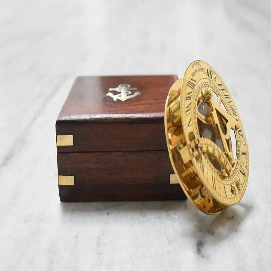 Solid Brass Sundial Compass 7.62 cm Home Decor Gifts Golden Polish Gift for Travelers, Explorers, and History Enthusiasts