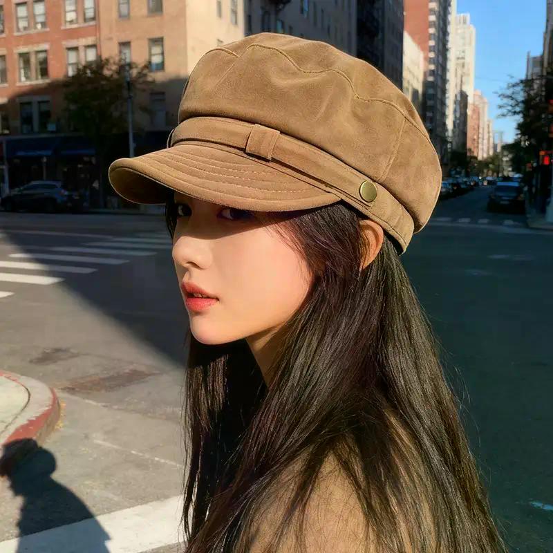 Retro Suede Beret Hat For Women Flat Top Newsboy Cap Autumn Winter Briti Sle Casual Foldable Warm Hat