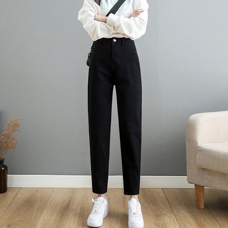 

Весенне-осенние женские тонкие повседневные джинсы с высокой талией, женские прямые шаровары, укороченные брюки больших размеров M чёрный