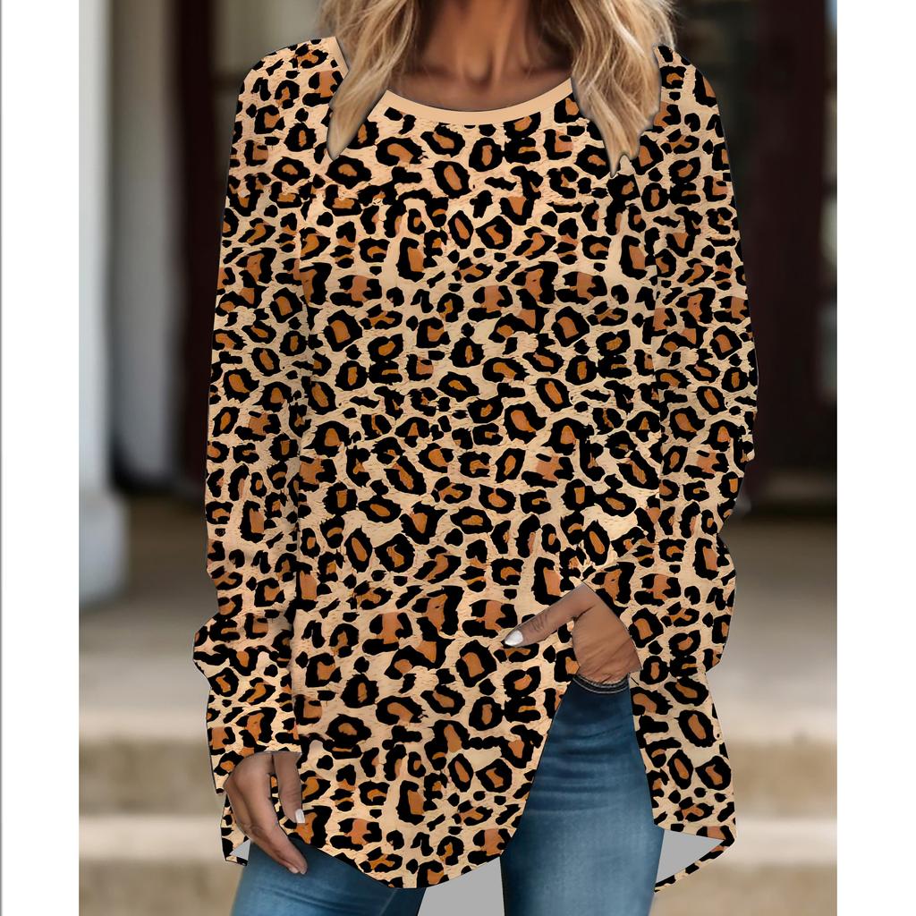 Plus Size Women Fashionable Personality  Leopard Printed Comfy Long Sleeve Round Collar T-shirt Casual Baggy Mid Length Tee Tops