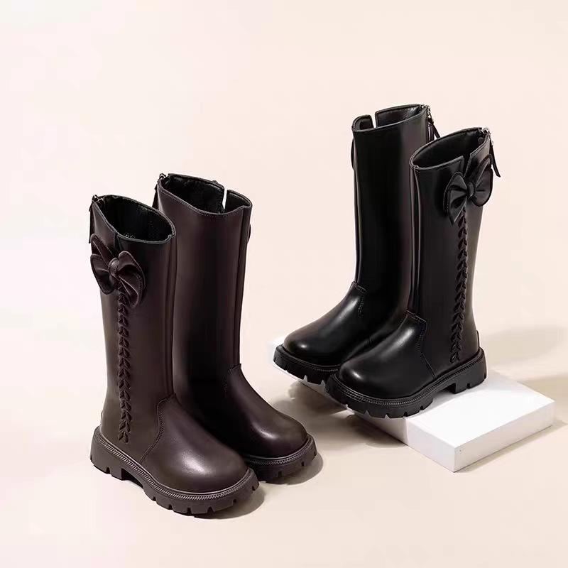 Dívčí kozačky po koleno v britském stylu s fleecovou podšívkou a mašlí - Móda podzim/zima 2025 pro malé princezny s měkkou podrážkou