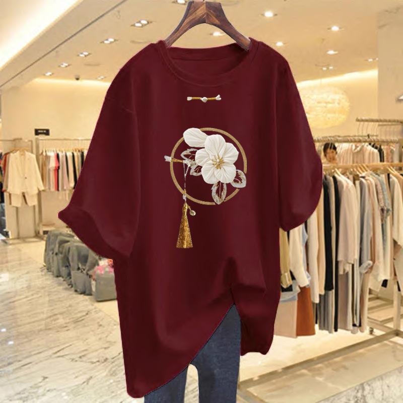 New Chinese Style Pure Cotton Medium and Long Short-sleeved T-shirt Women's Summer New Product Butt-covering and Thin Large-size T-shirt Top