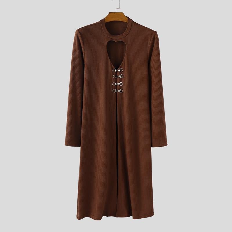 

INCERUN Autumn Men Long Sleeve Cutout High Splits Ribbed Tunic Tops Pullovers 5XL коричневый