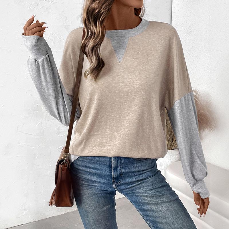 2026 Women's Autumn Fake Two-Piece Color Block Hoodie: Casual Loose Fit, Round Neck