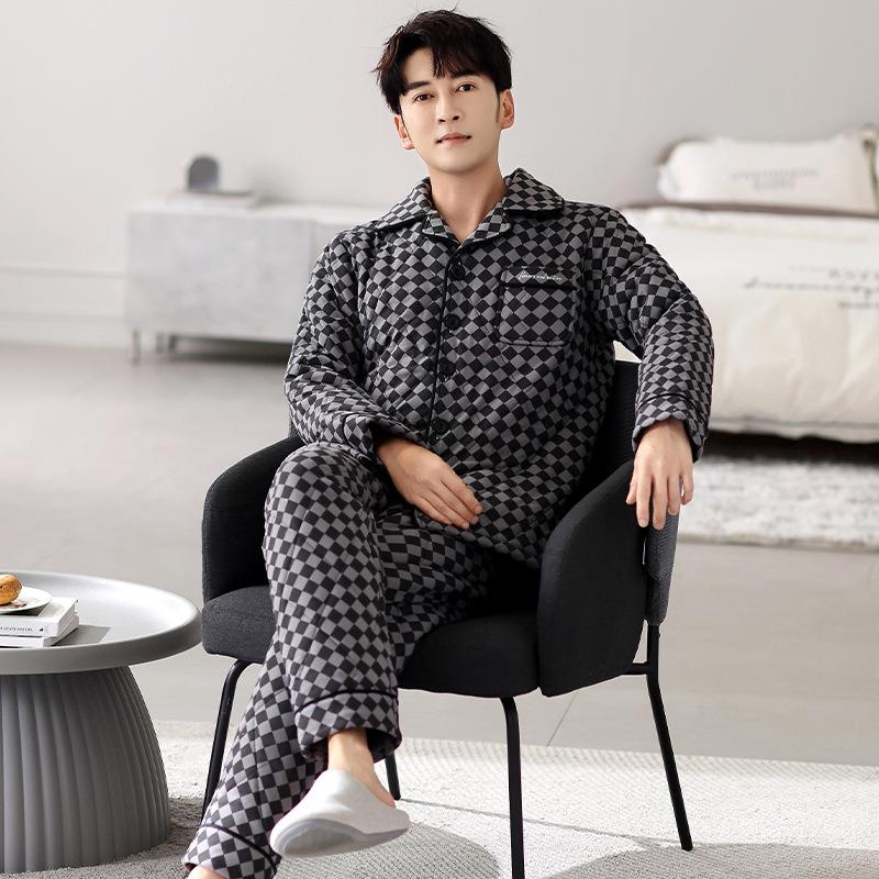 Pajamas Men'S Winter And Winter Warm Fleece Thickened Three-Layer Padded Jacket Can Be Worn Outside Men'S Coral Fleece Loungewear