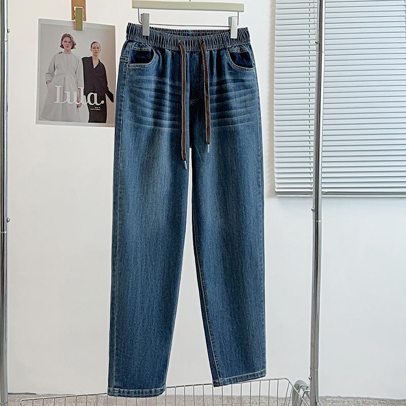 

Women s High-Quality Stretch Slimming Boyfriend Jeans - Plus Size, High Waist, Cropped Straight Leg, Korean Style 5XL (Weight 160-180 jin) джинсовый синий