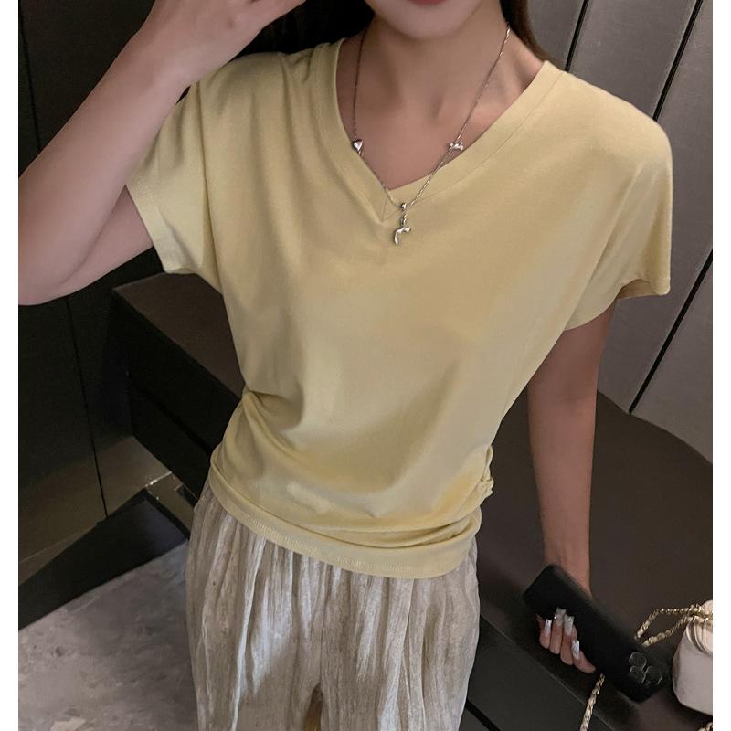 

Summer Korean bat sleeves loose lazy wind front shoulder short-sleeved T-shirt women s solid color V-neck versatile casual bottoming shirt Xl (suitable for weight 65-75kg )