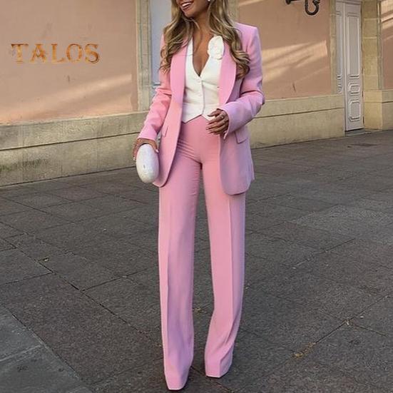 2Pcs/Set Women Office Outfit Lapel Long Sleeve Single Button Suit Coat High Waist Long Pants Set Business Workwear