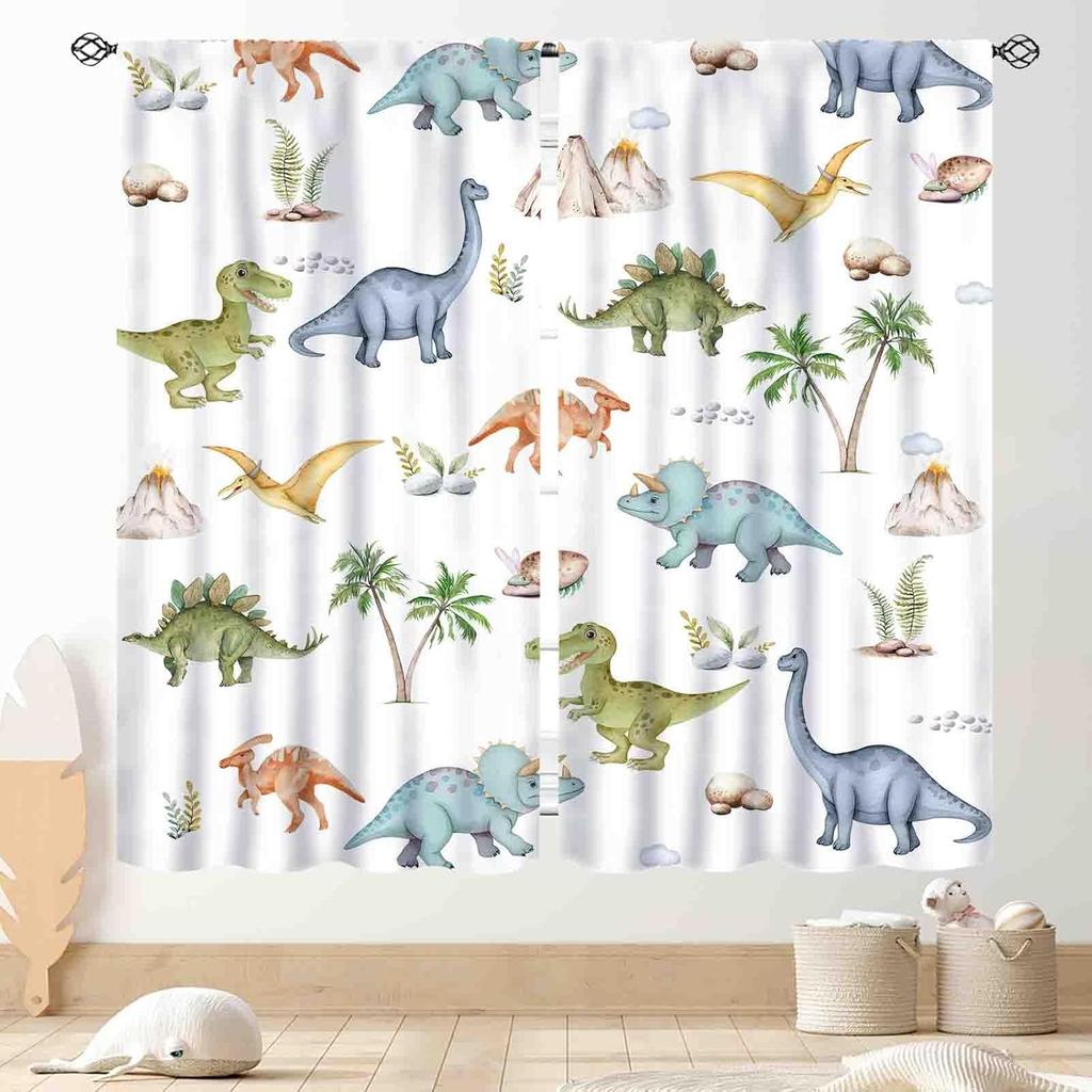 Kids Dinosaur Curtains For Boys Room, Cartoon Dino Funny Cute Dinosaur Safari Animals Colorful Window Treatments Drapery For