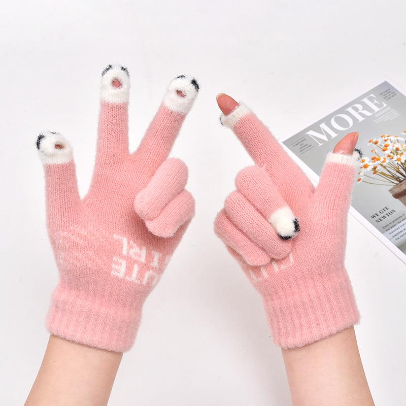 New Autumn and Winter Knitted Plush Gloves Warm and Thickened Finger Gloves