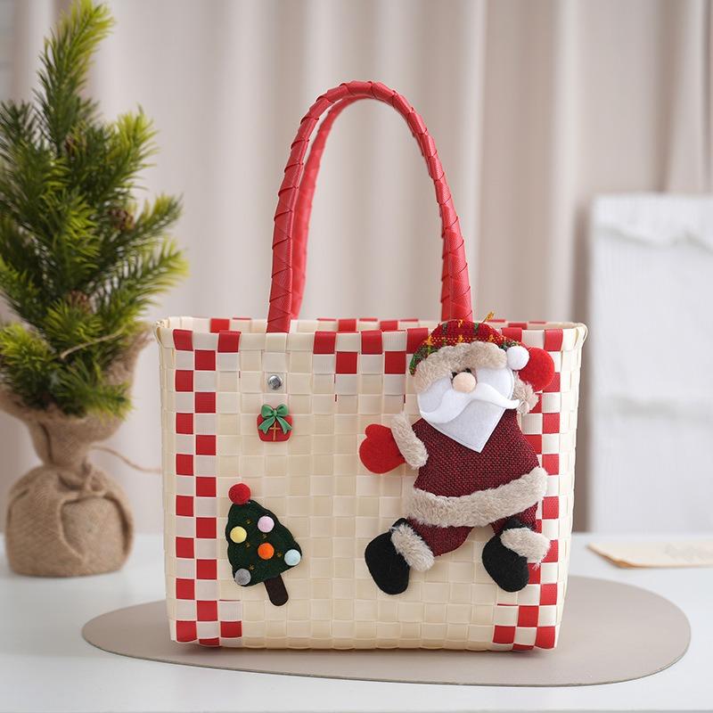 Christmas Plastic Woven Handbag Santa Claus Gift Plastic Woven Handbag Plastic Woven Handbasket Packaging Bag