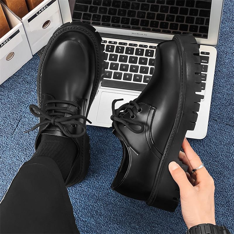 Men's shoes spring leather shoes British style platform black round head business casual shoes men's youth tide shoes 2112-J
