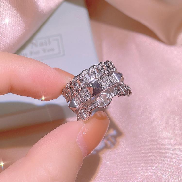 Combination Pattern Exquisite Geometric Chain Ring Three-Layer Micro-Inlaid Zircon Tide Cool Women'S Ring Exquisite Jewelry