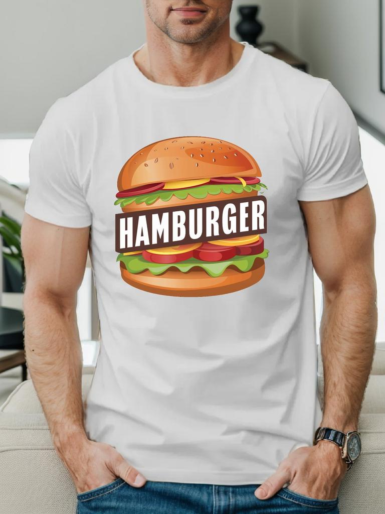 Unisex Casual Cotton Short Sleeve T Shirt Vivid Hamburger Burger Print Crew Neck Food Enthusiast Urban Daily Leisure Outfit Tee