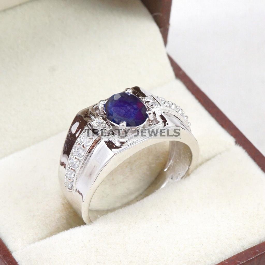Blue Sapphire Oval Cut Gemstone With 925 Sterling Silver Ring For Men's #B607 JL375686497695