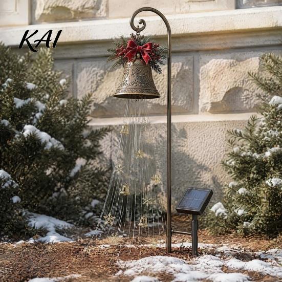 Solar Powered Yard Accents Christmas Bell Waterfall Light, LED Metal Garden Stake with Red Ribbon, Iron Art Holiday Displays Auto On/Off, Waterproof
