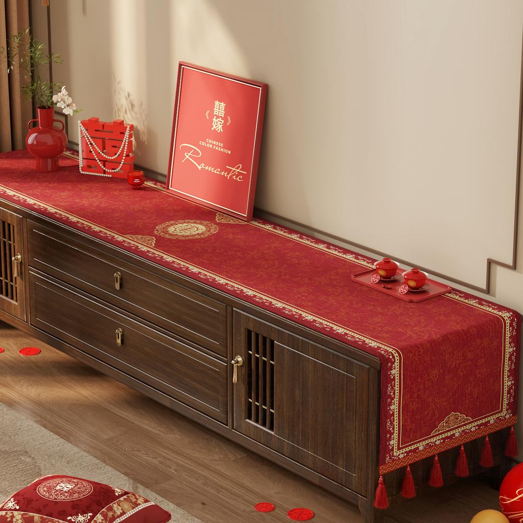 Wedding Tv Cabinet Tablecloth Light Luxury High-End Red Side Cabinet Long Strip Cover Festive Coffee Table Decorative Cloth